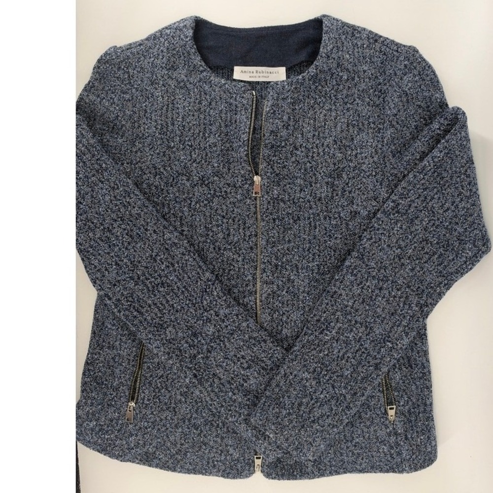 Amina Rubinacci Italy Blue Boucle Wool Blend Zip Up Knit Jacket Size 40